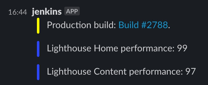 Screenshot showing Slack notifications of performance tests