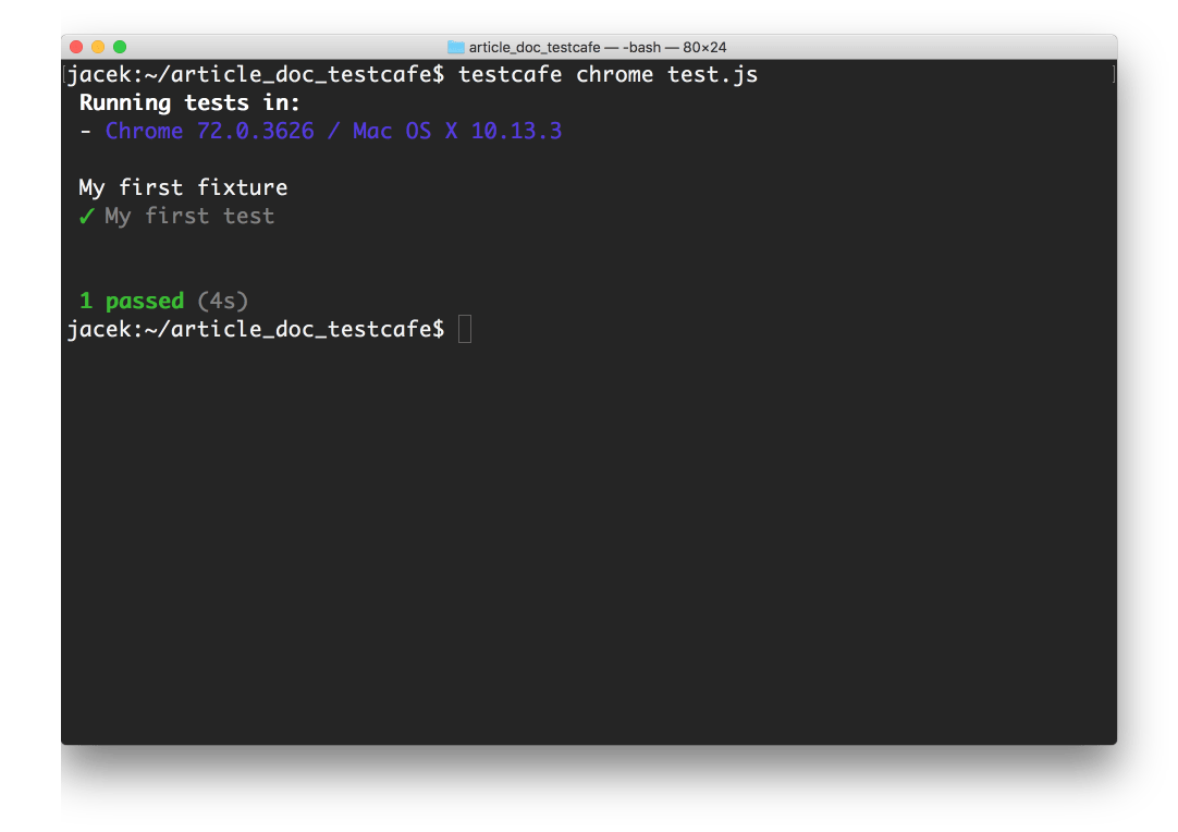 Screenshot of test running in Terminal. 1 test passed.