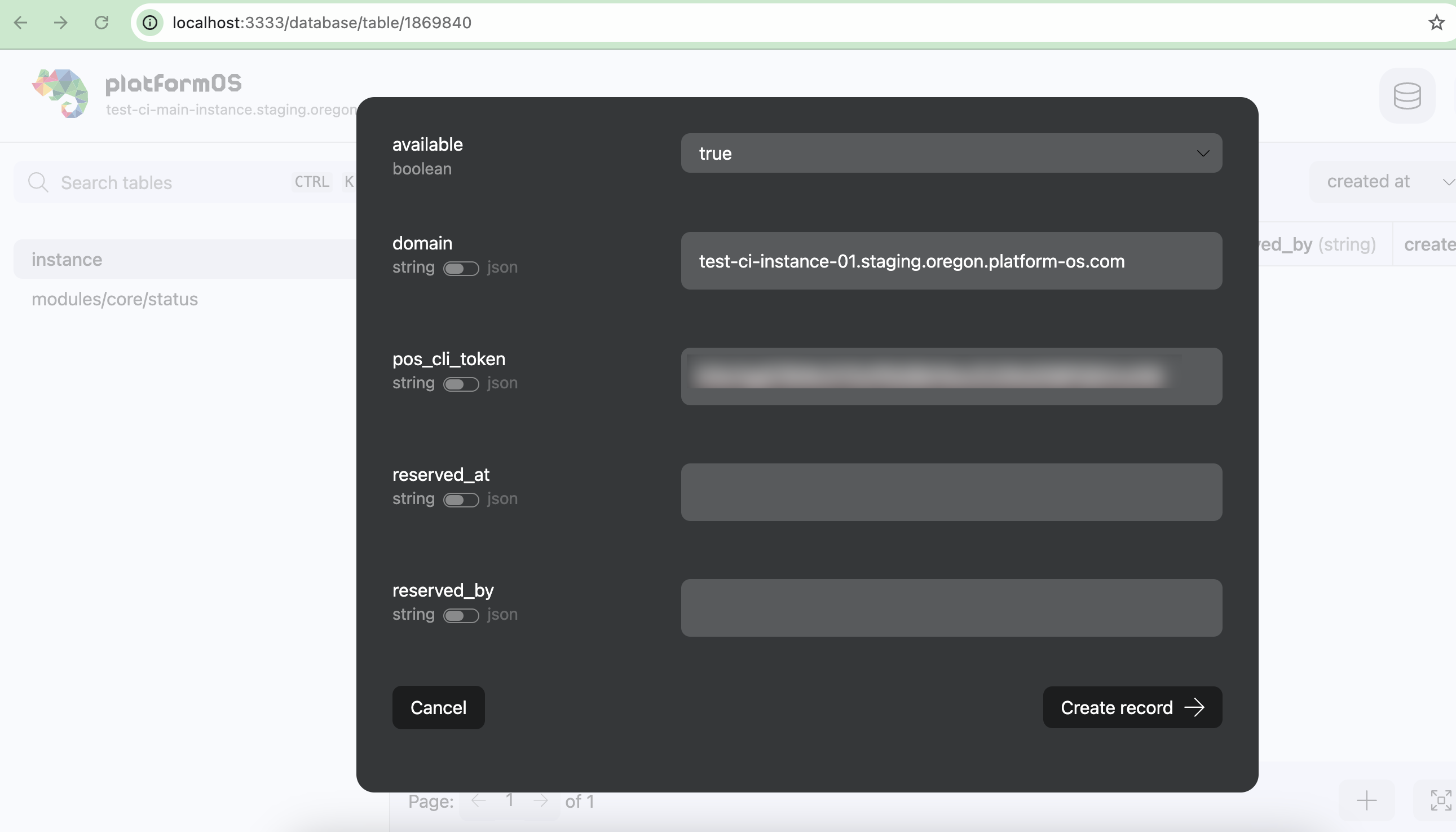 screenshot of the database GUI in the browser, filling out the necessary field: available, domain, pos_cli_token