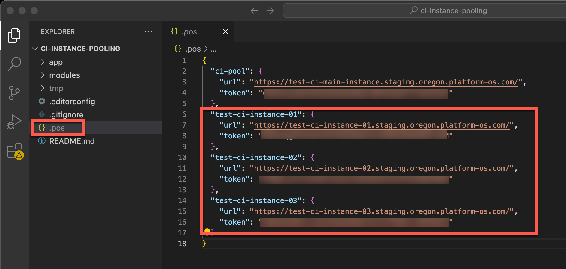 Screenshot of Visual studio code, the .pos file is opened and the tokens are visible for all instances