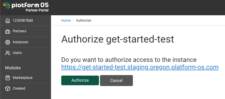 Screenshof of the authorization message on the Partner Portal