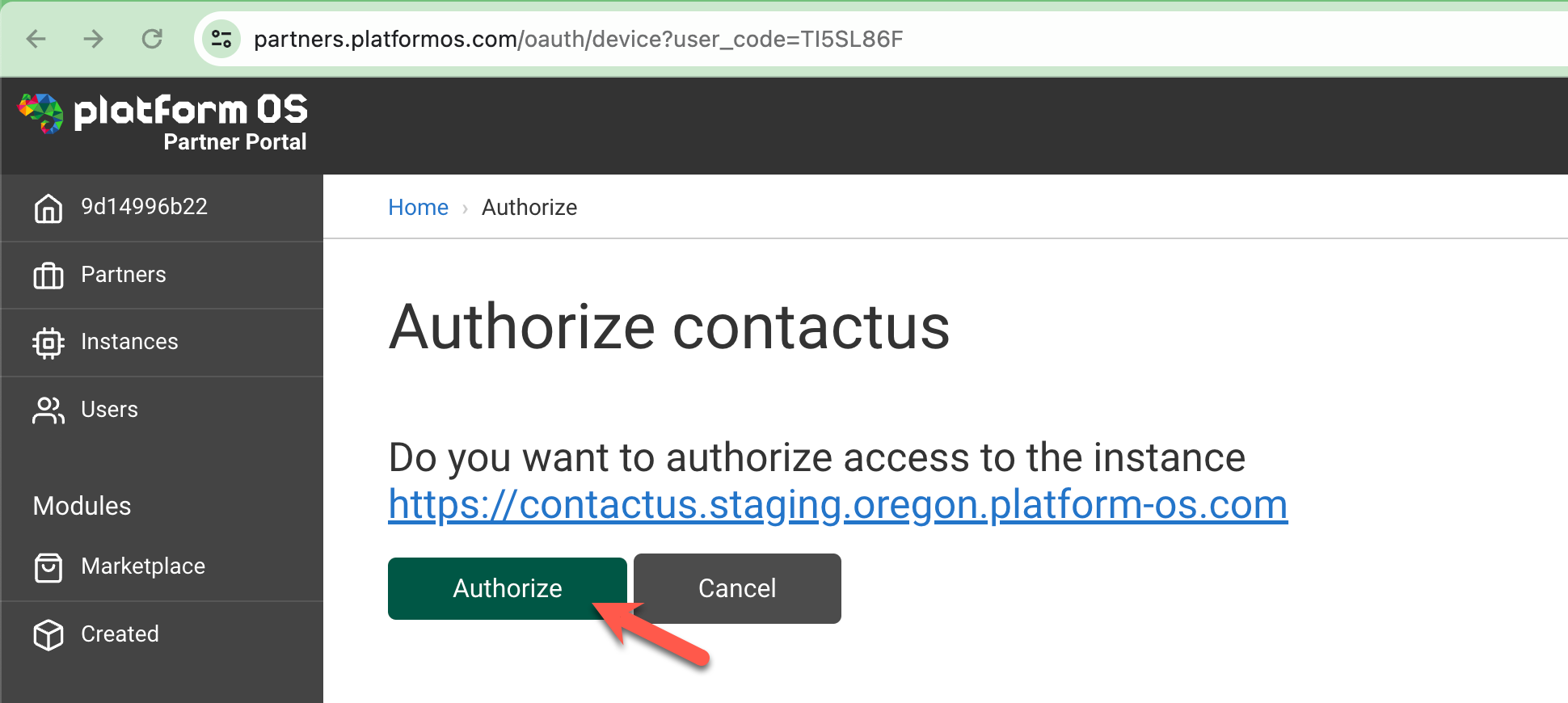 Authorize button on the Partnerl Portal