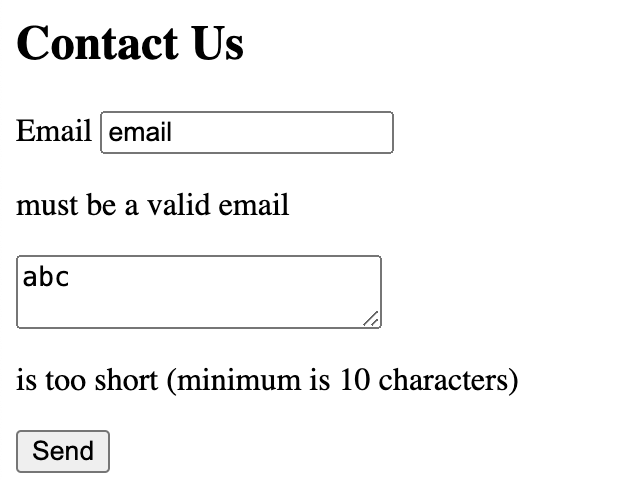 Displaying validation errors on the Contact Us form