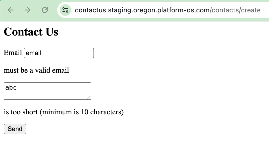 Contact Us form re-rendered showing error messages