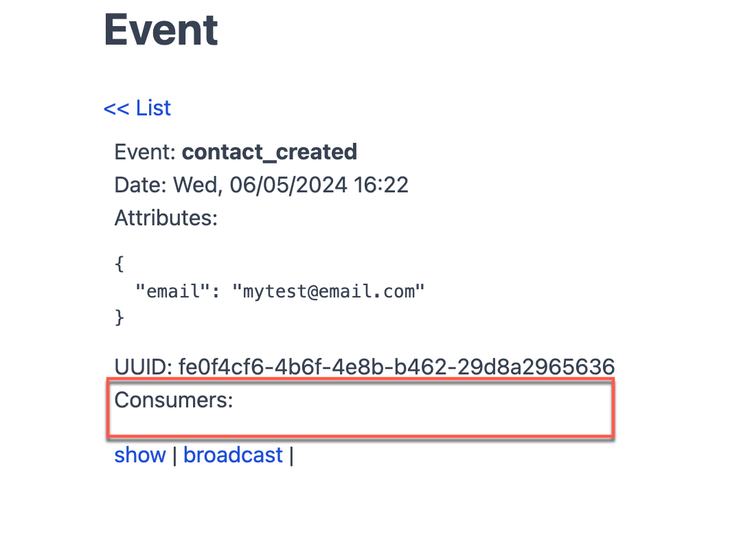 Event details showing no consumers