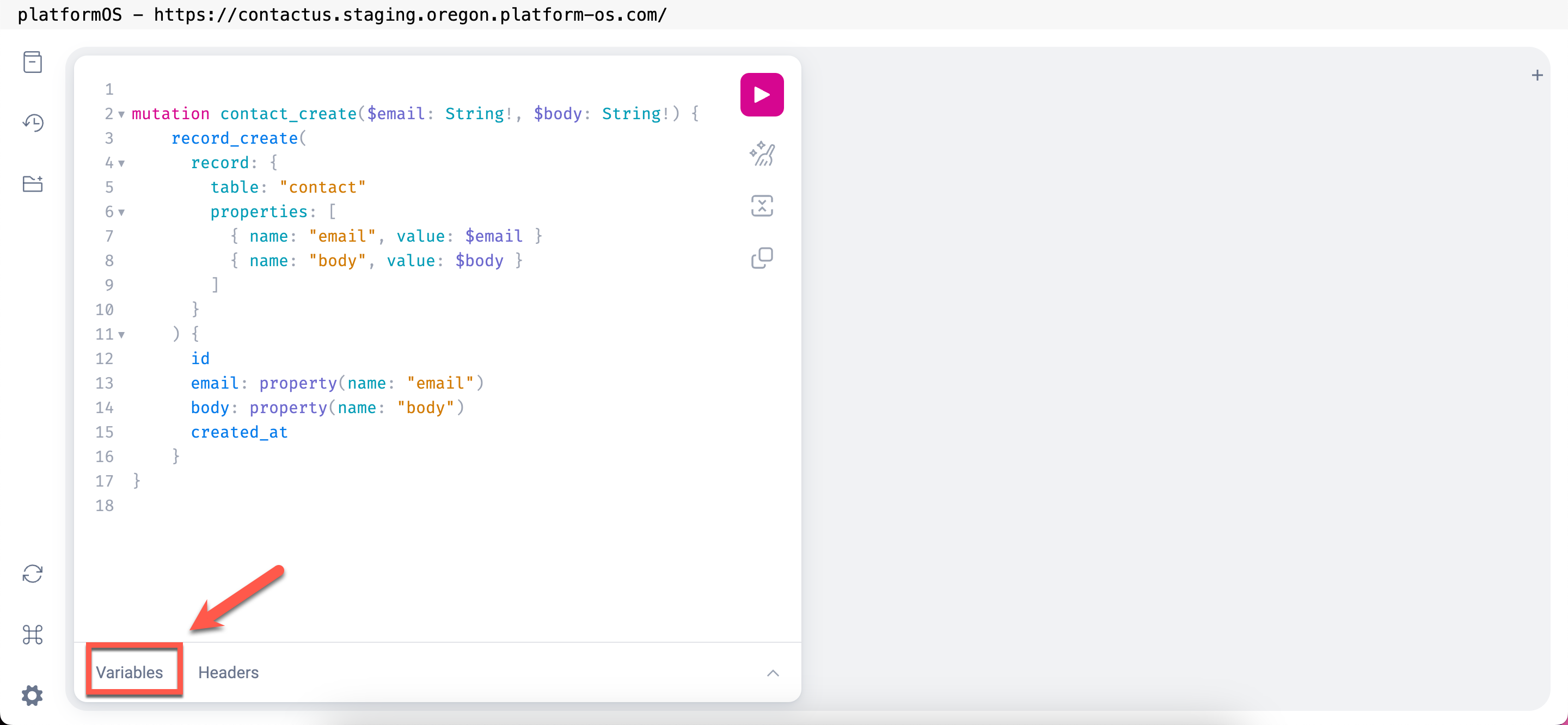 Variables section in the GraphQL Explorer highlighted