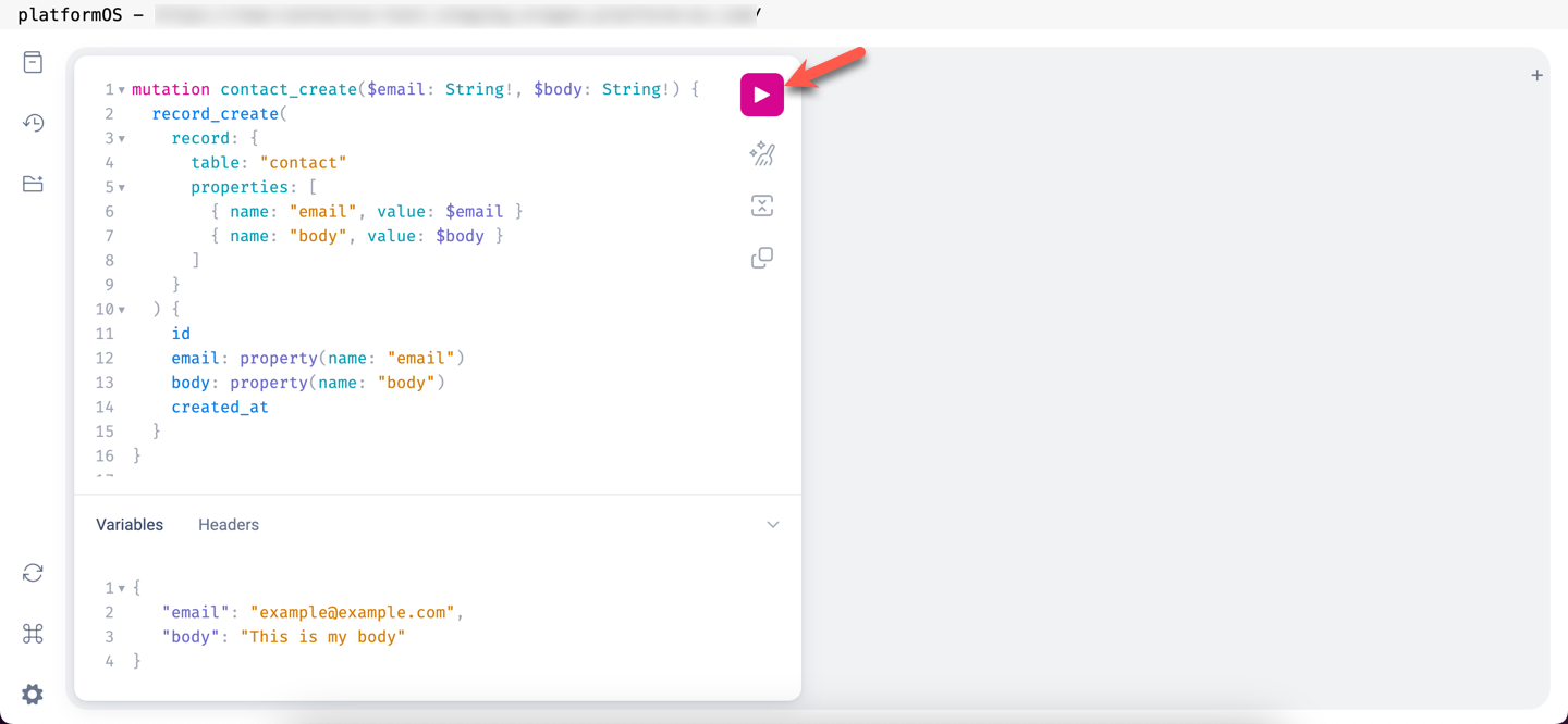 GraphQL Explorer interface displaying the mutation for creating a contact record, with fields for email and body data input