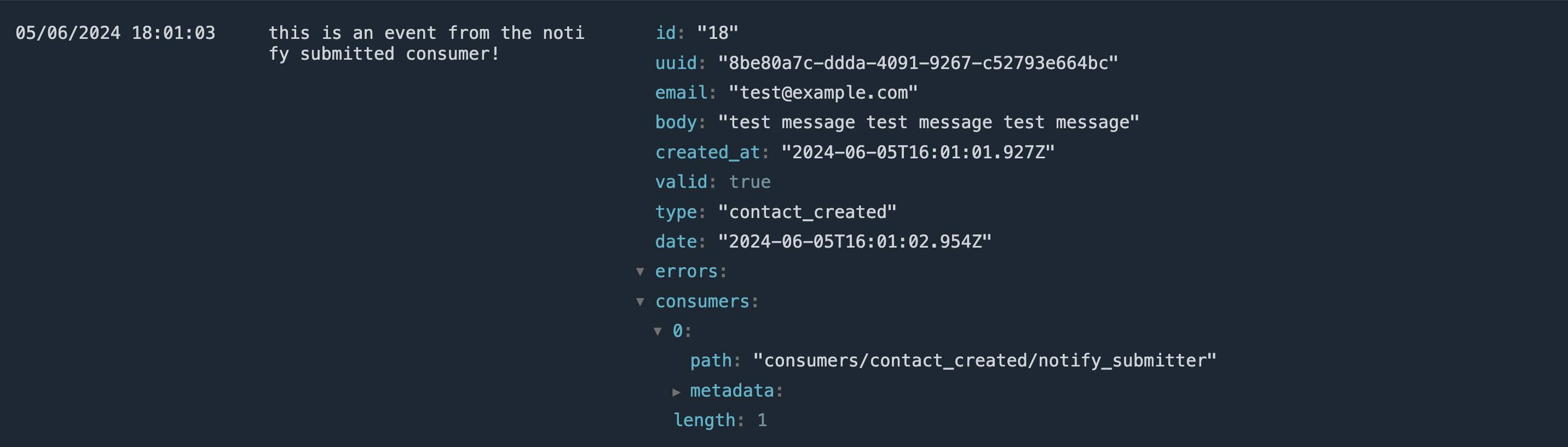 Log entry showing form submission notification