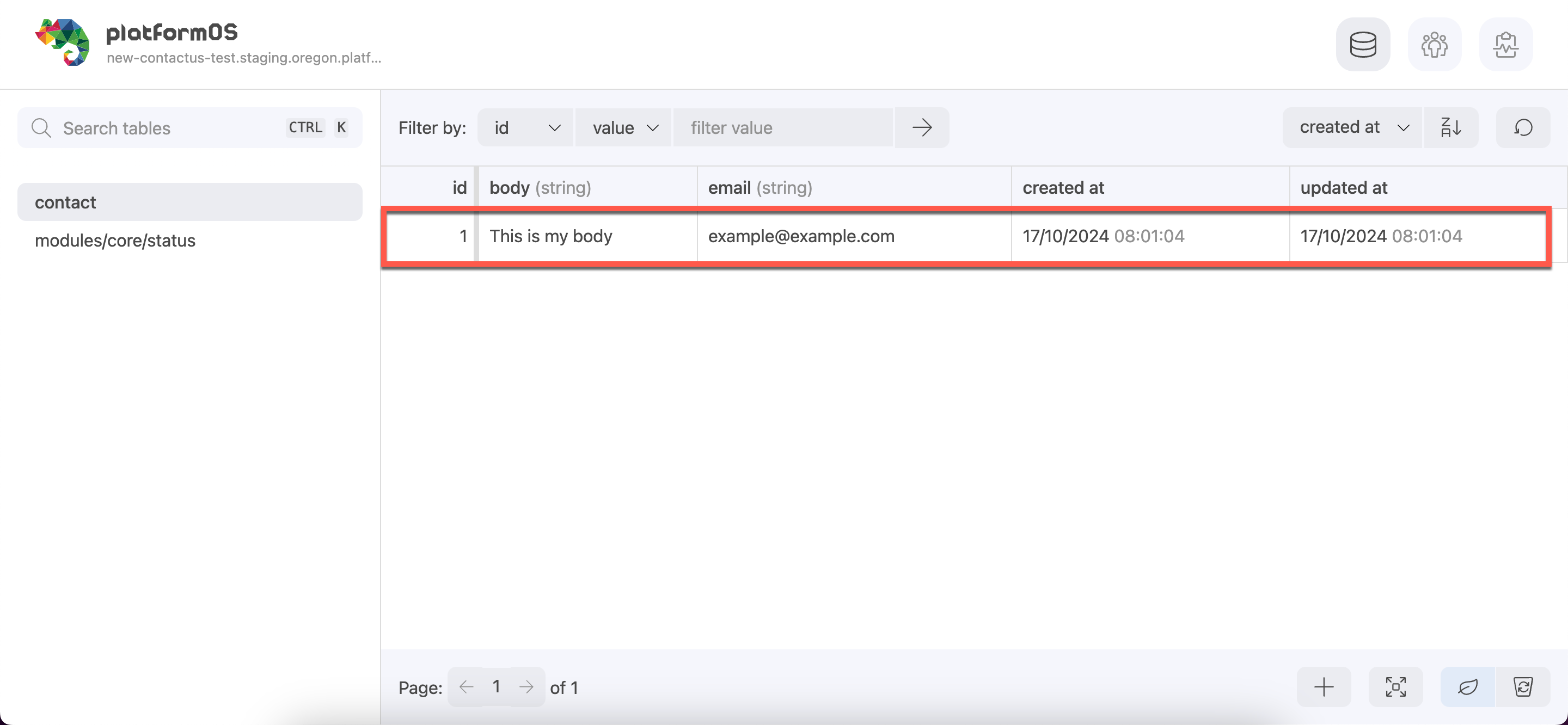 Database interface displaying the newly created contact record in the Contact table, showing the unique ID, email, and body fields