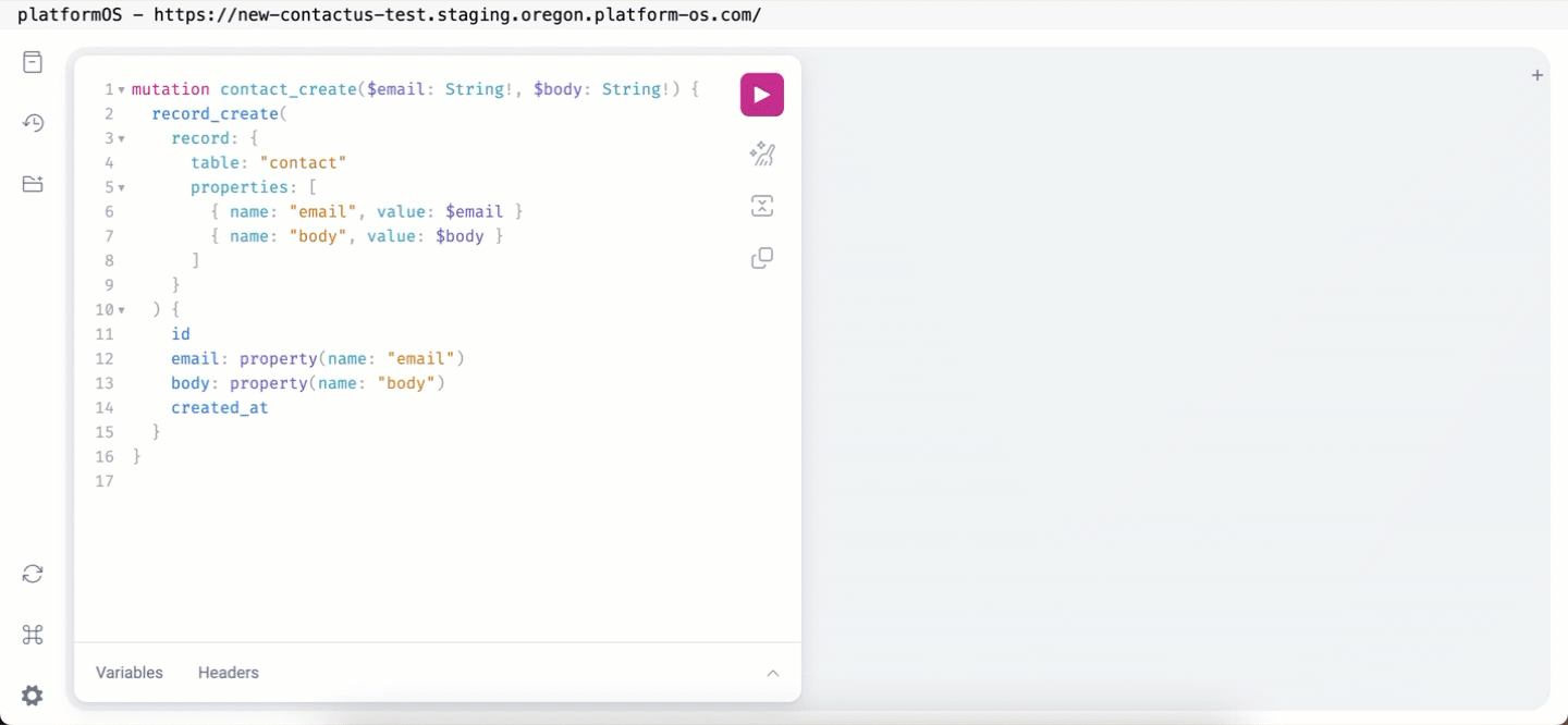 Response from the GraphQL Explorer showing the successful creation of a contact record, including the ID, email, body, and timestamp of creation