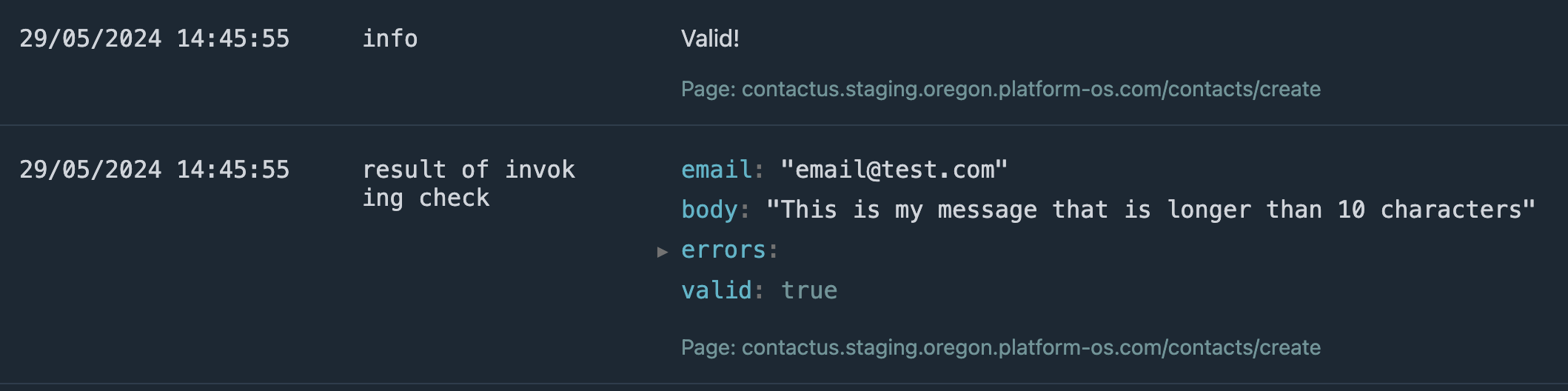 Screenshot of logs displaying successful validation