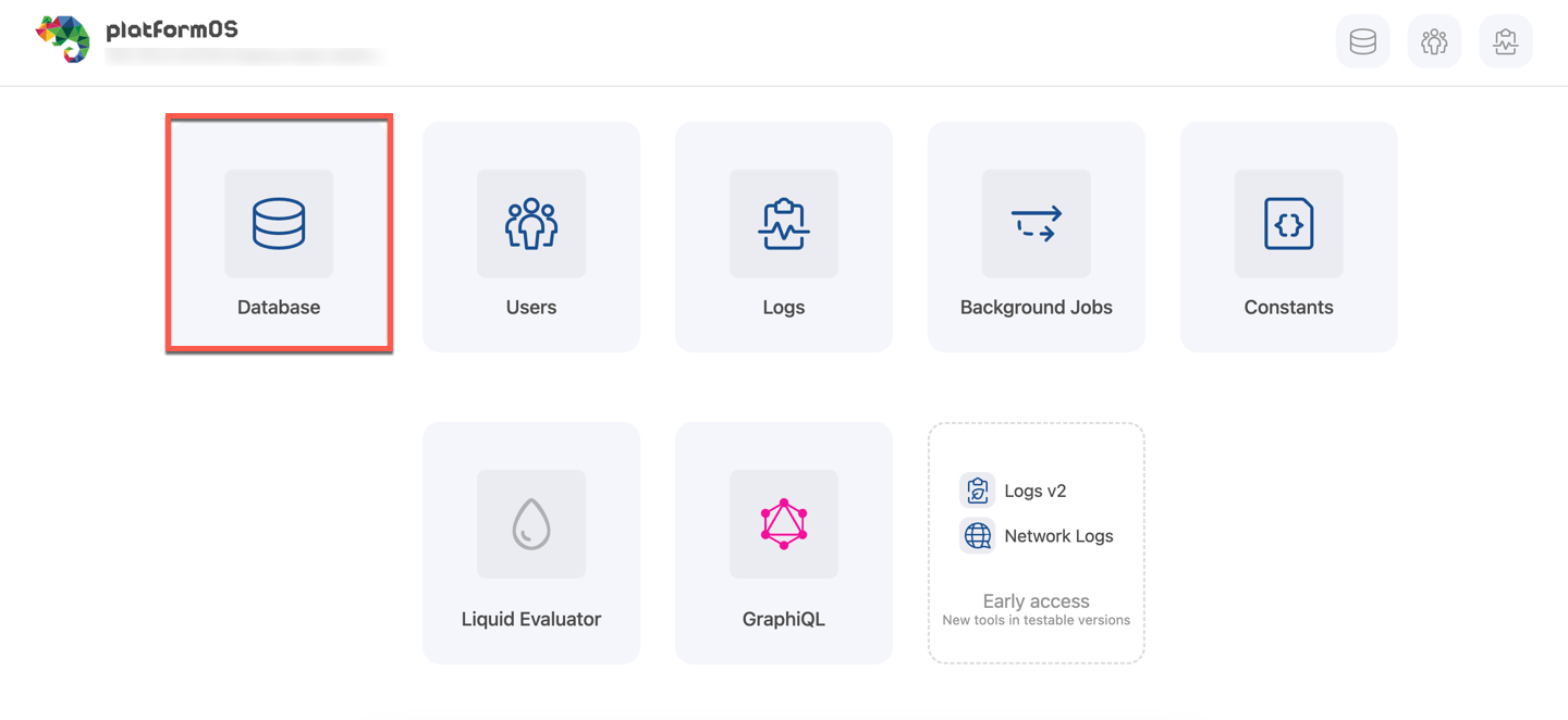 Screenshot of Database tile on the GUI