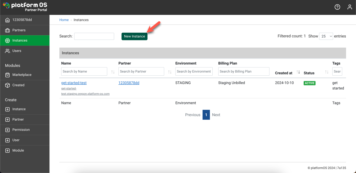 Screenshot of the Instances list on the Partner Portal, highlighting the New Instance button